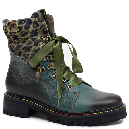Laura Vita Women's Lace-Up Leather Ankle Boots Floral Khaki 0008183-KOU-MENT