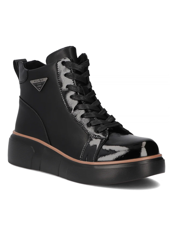Filippo Leather Patent-Accented Women’s Ankle Boots With Side Zip Platform Black DBT6453-25-BK