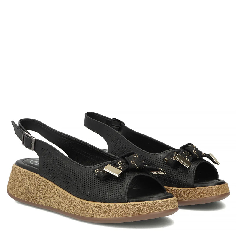 Filippo Perforated Leather Wedge Sandals With Bow Black DS7582-26-BK