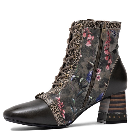 Laura Vita Leather Lace-Up Ankle Boots Block Heel Khaki TALAO-003-KAKI