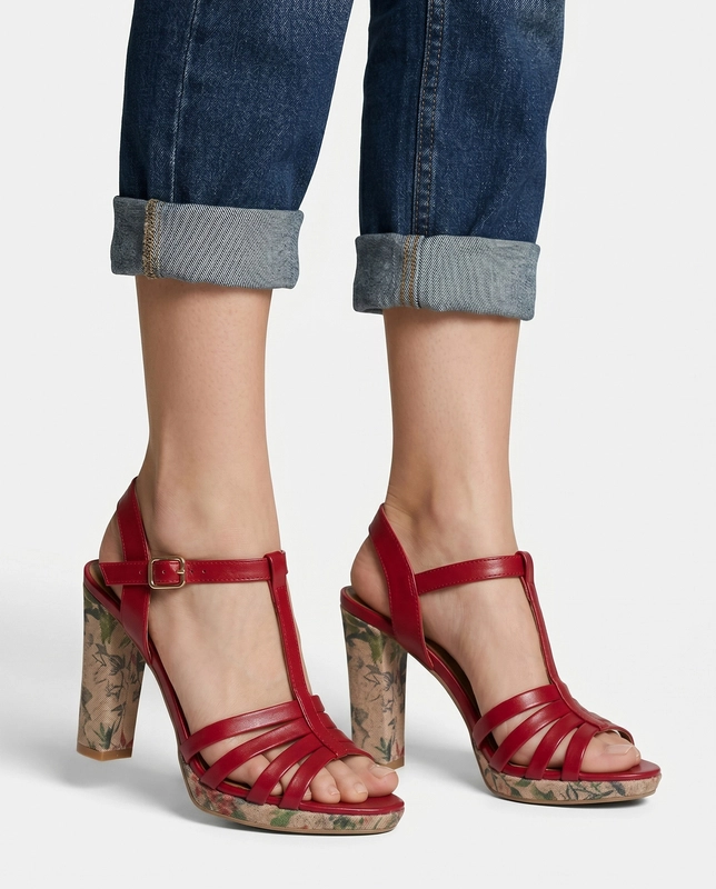 Maciejka Leather Floral Block Heel Sandals Red 06082-08-00-1