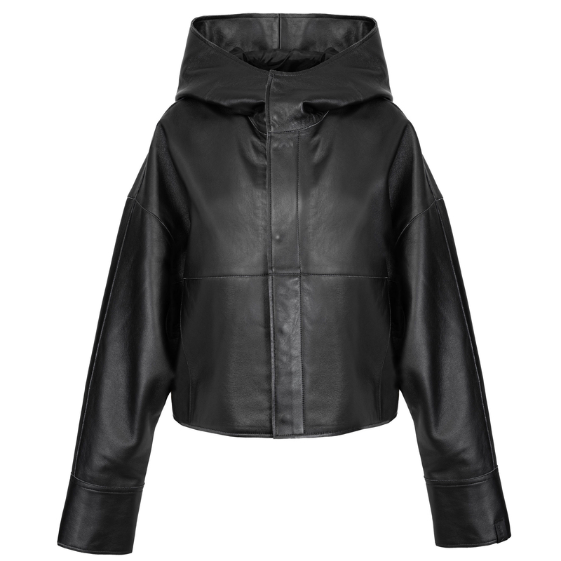 OPRA Oversize Leather Jacket With Hood Black OP-ZAHRA-BLACK