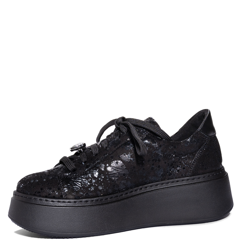 Maciejka Skórzane na Platformie Sneakersy z Biżuteryjną Ozdobą Czarne 6191W-02/00-8
