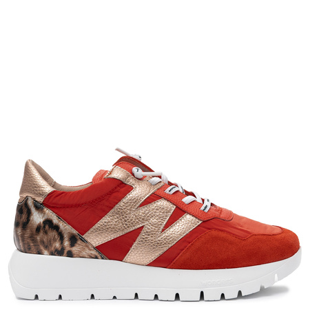 Wonders Leather Platform Sneakers Sporty Derby Metallic Logo & Leopard Red A-24100-FLAM-RAME