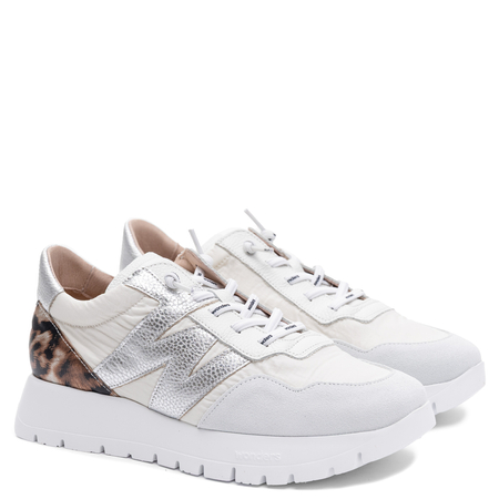 Wonders Sneakersy Damskie Na Platformie Skórzane Biało-Srebrne Panterka A-24100-BLANCO