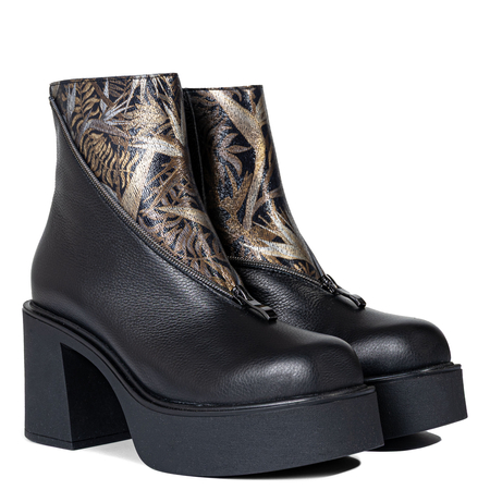 Boccato Asymmetric Block-Heel Ankle Boots With Front Zipper Black 3200-BLACK-GOLD