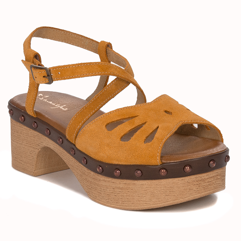 Maciejka Sandały damskie skórzane welurowe musztardowe