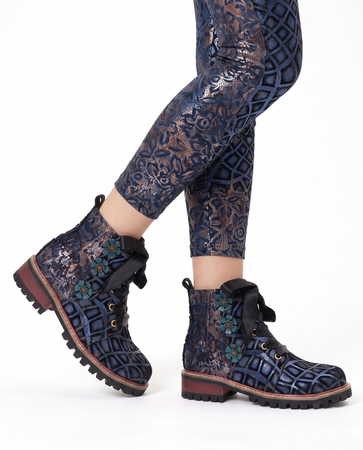Maciejka Leather Ankle Boots Navy Blue Patchwork Floral Lace-Up K7687-17/00-7