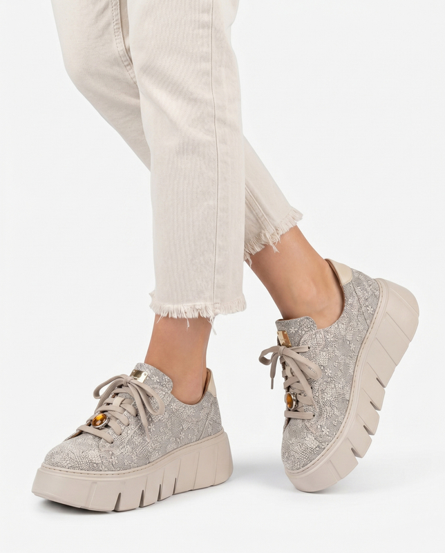 Maciejka Leather Openwork Pattern Beige Platform Sneakers 6891W-03/00-8