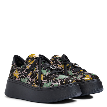 Maciejka Buty Damskie na Platformie - Czarne Sneakersy z Abstrakcyjnym Wzorem