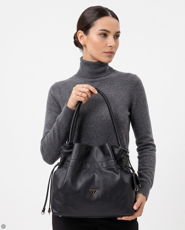 Guess Karima Drawstring Tote Bag Slouchy Shoulder Bag Black HWNG2249230-BLACK