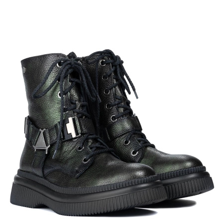 Maciejka Leather Combat Boots with Harness Metallic Green 07092-09-00-8