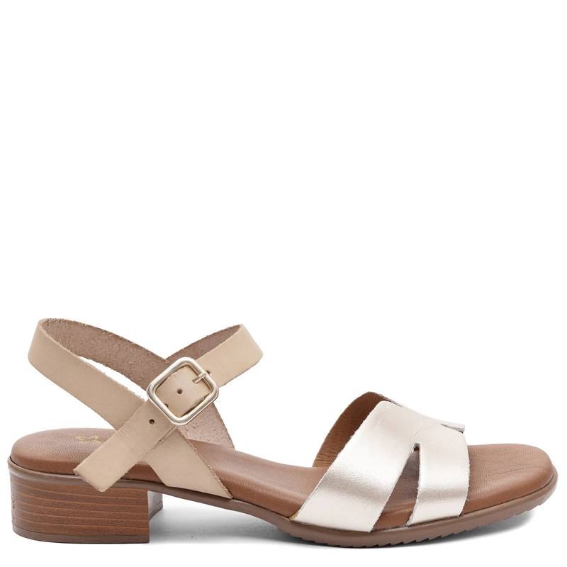 Maciejka Leather Low Block Heel Sandals Gold Beige E7393-25/00-1