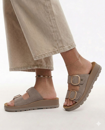 Maciejka Leather Slide Sandals Double Buckle Platform Beige P7537-04/00-5