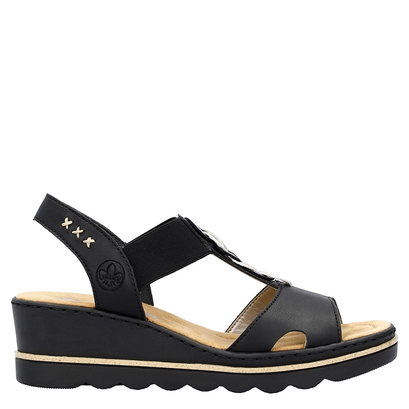Treść wiadomości Gemini Rieker Wedge T-Strap Decorative Chain Comfort Sandals Black 67498-00