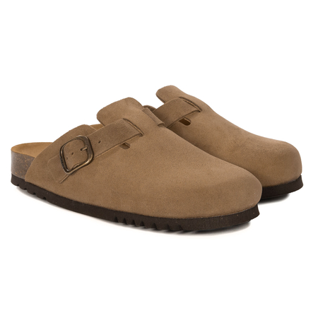 Scholl Suede Leather Closed-Toe Clogs Adjustable Buckle Brown F32198-1062