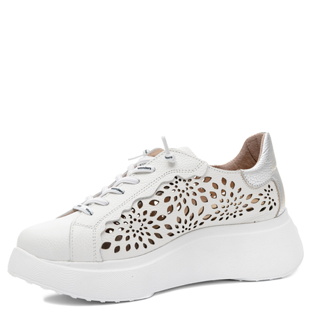 Wonders Skórzane Ażurowe Sneakersy Damskie na Platformie Biało-Srebrne A-3641-OFF-PLATA