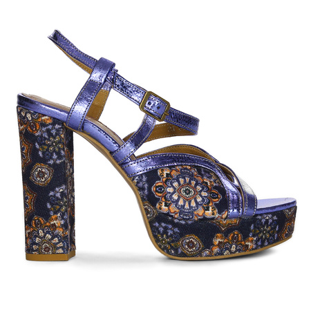 Maciejka Women's Stiletto Leather Sandals Dark Blue with Flowers