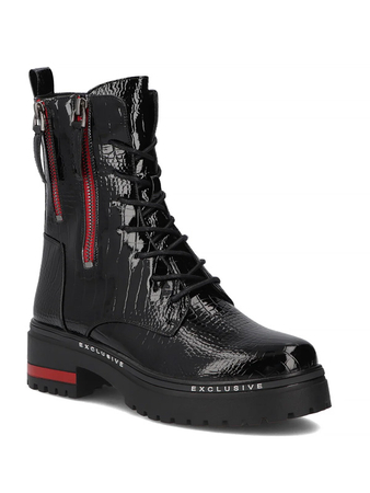 Filippo Leather Combat Boots Patent Croco Platform Black DBT4058-25-BK-RD
