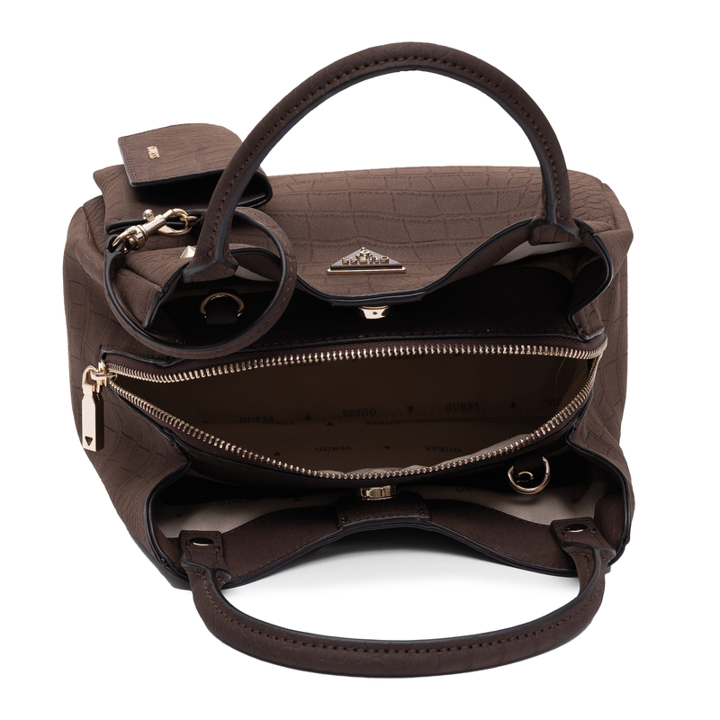 Guess Elegancka Torebka Damska Kuferek Z Fakturą Krokodyla Ciemnobrązowa CG230622-ESPRESSO
