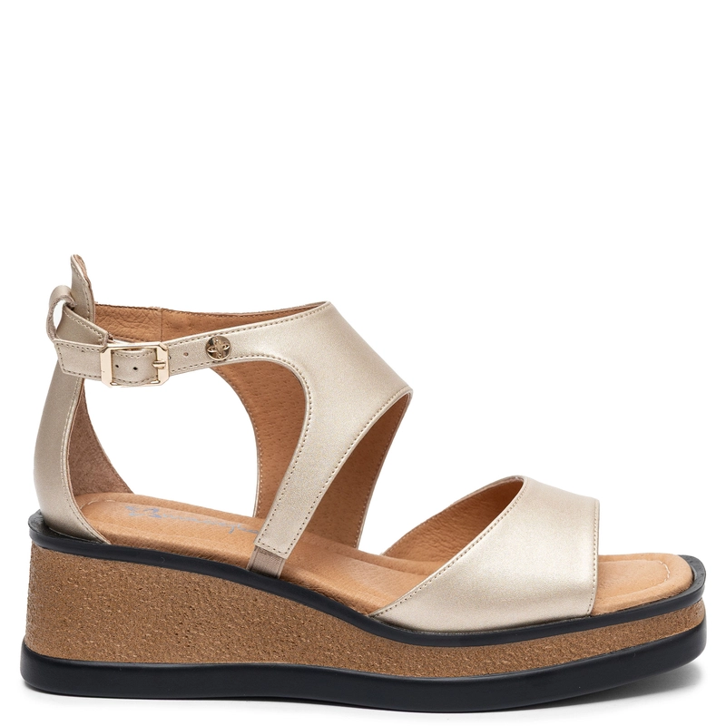 Maciejka Leather Wedge Sandals Asymmetric With Closed Heel Gold K7471-26/00-1