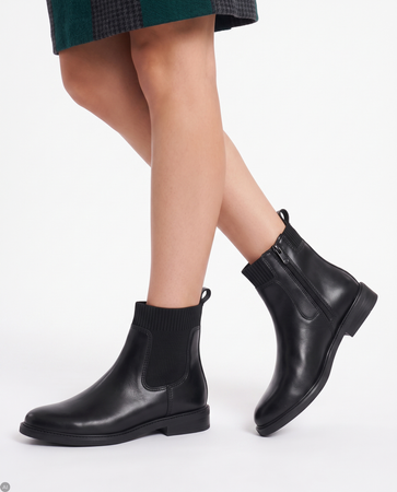 Marco Tozzi Black Leather Women's Ankle Boots with Ribbed Sock Collar Black 2-25320-45-888