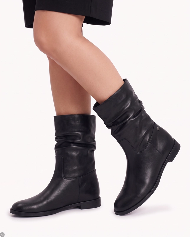 Maciejka Leather Ruched Shaft Boots Hidden Wedge 6.5 cm Black K7211-01/00-8