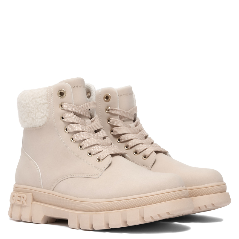 Tommy Hilfiger Lace-Up Women’s Boots Faux-Fur Collar Ankle Boots Side-Zip Beige T3A5-34043-BEIGE