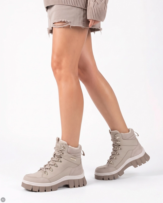 Lee Cooper Ocieplane Skórzane Trapery Na Platformie Beżowe LCJ-26-31-4581LA