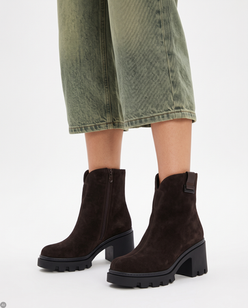T.Sokolski Suede Women's Block Heel Ankle Boots on Lug Sole Dark Brown SH-Z26-428