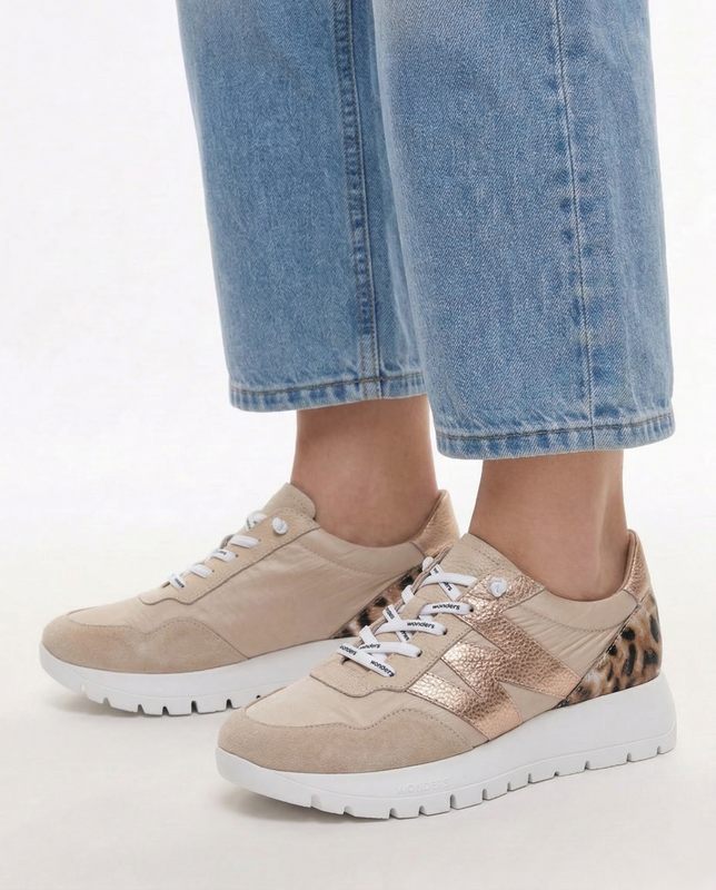 Wonders Leather Platform Sneakers Women Low-Top Beige-Rose Gold A-24100-BEIG-RAME