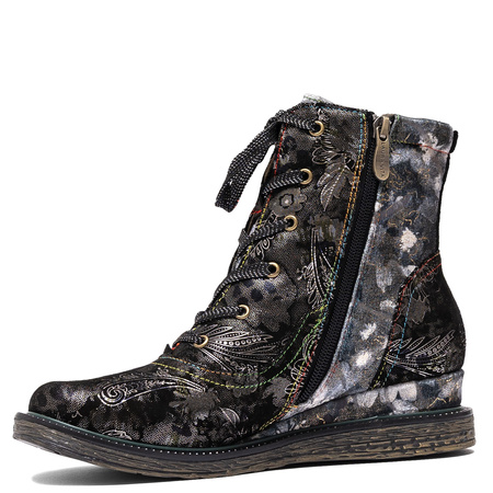 Laura Vita Trzewiki Skórzane Damskie Sznurowane Botki Na Koturnie Wielokolorowe ERCNAULTO-NOIR