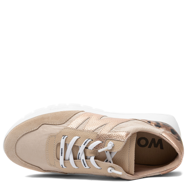 Wonders Skórzane Sneakersy Damskie na Platformie Półbuty Beżowo-Złote A-24100-BEIG-RAME