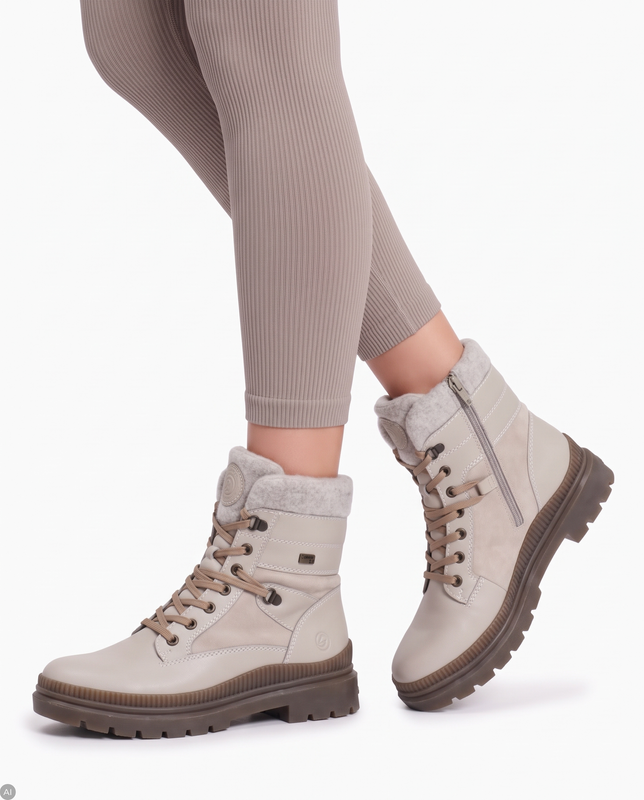 Remonte Leather Warm-Lined Ankle Boots With Side Zip Beige D0C77-60-BE