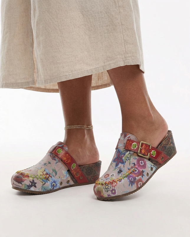 Maciejka Leather Patterned Wedge Mules Multicolour K7409-15/00-1