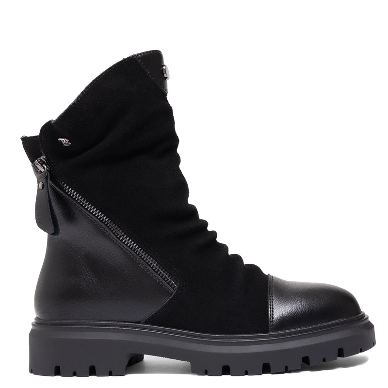 T. Sokolski Leather-Suede Ruched Ankle Boots Lug Sole Black HX-Z25-163-BLK