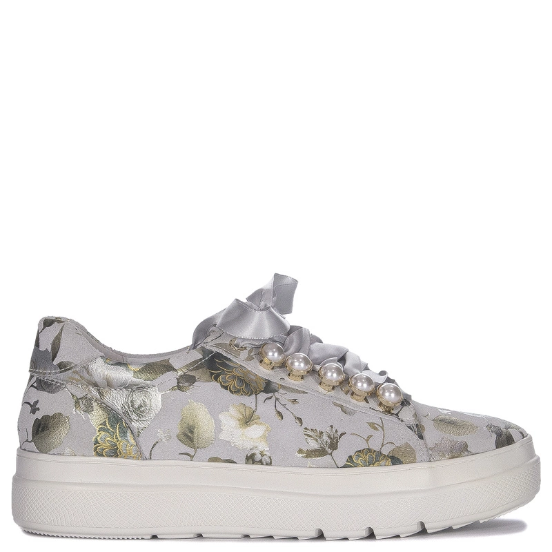 Maciejka Leather Floral Platform Sneakers in Ash Grey N6482-38/00-1