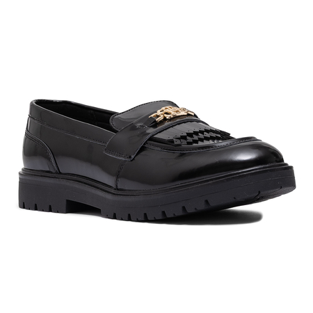 Tommy Hilfiger Patent Loafers Women’s Dress Flats Gold Logo Black T3A4-34011-1453999