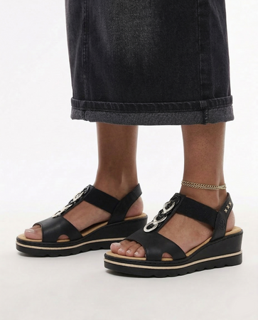 Treść wiadomości Gemini Rieker Wedge T-Strap Decorative Chain Comfort Sandals Black 67498-00