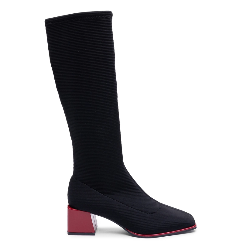 Gioseppo Trendy Stretch Sock Boots On Red Block Heel Black 80684-NEGRO