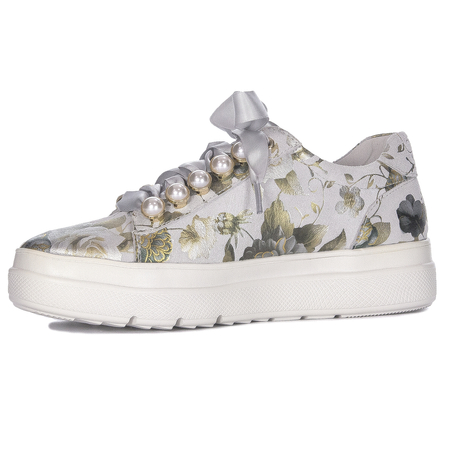 Maciejka Skórzane Sneakersy Perłowe Półbuty na Platformie Popiel w Kwiaty N6482-38/00-1