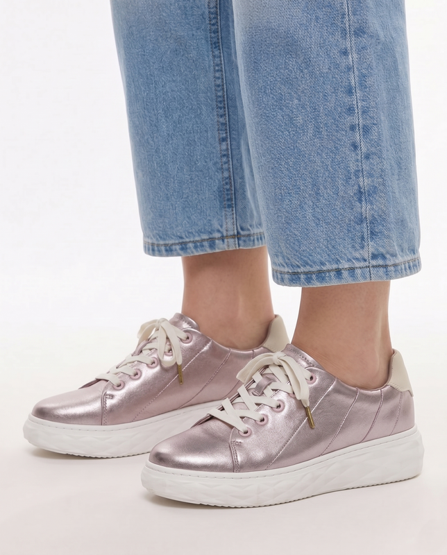 Maciejka Skórzane Sneakersy Miedziane Metaliczne na Platformie N6481-32/00-1