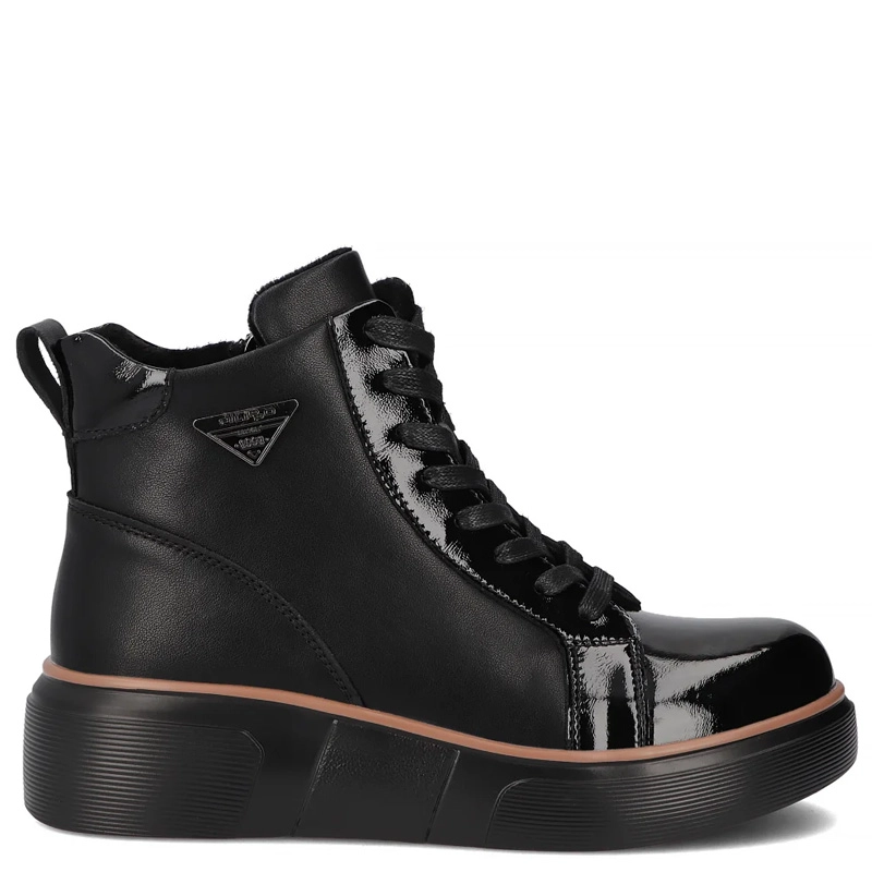 Filippo Leather Patent-Accented Women’s Ankle Boots With Side Zip Platform Black DBT6453-25-BK