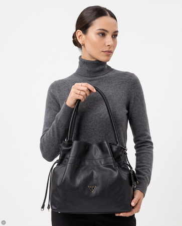 Guess Karima Drawstring Tote Bag Slouchy Shoulder Bag Black HWNG2249230-BLACK