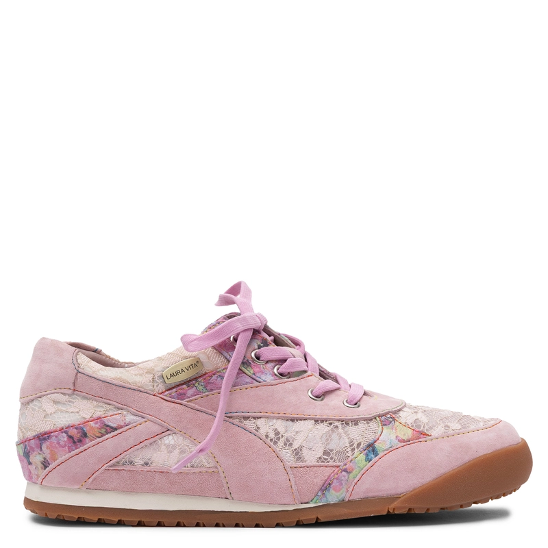Laura Vita Skórzane Koronkowe Sneakersy Damskie Płaskie Różowe SL20258-3-ROSE
