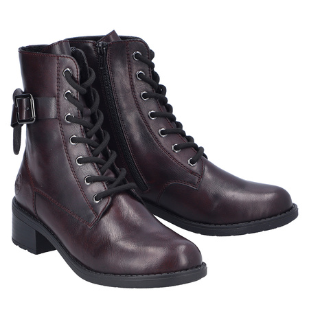 Rieker Lace-Up Ankle Boots Side-Zip Block Heel Burgundy 75431-35-RED