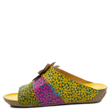 Maciejka Leather Slides Floral Appliqué Open Toe Yellow-Green-Pink K7408-07/00-1