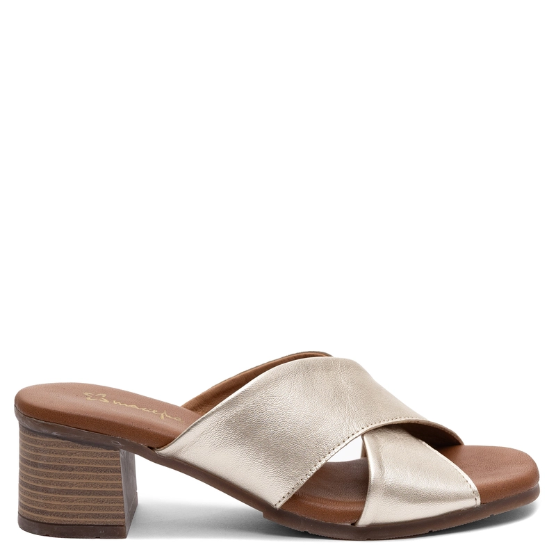 Maciejka Leather Cross Strap Heeled Mules Gold E7390-25/00-1