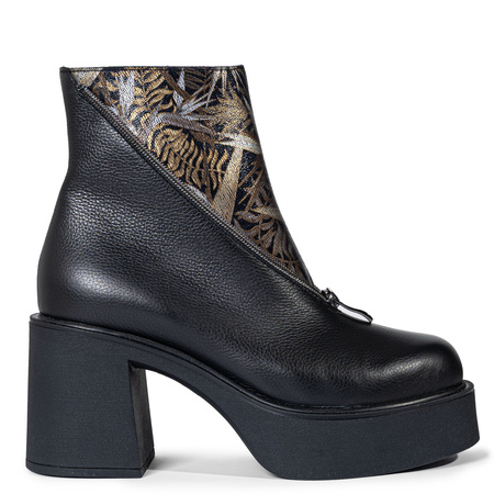 Boccato Asymmetric Block-Heel Ankle Boots With Front Zipper Black 3200-BLACK-GOLD