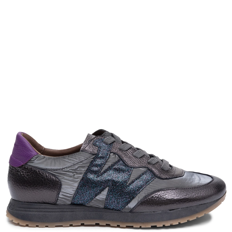 Wonders Leather Lace-up Sneakers With Glitter Logo Grey Silver A-4810